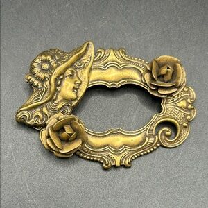 Vintage Art Nouveau Style Female Figure Brooch Pin W/ Raised Florals, Jewelry
